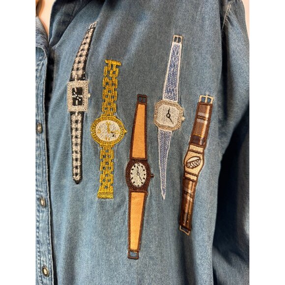 Vintage Bobbie Brooks Denim Button-Up Shirt With Embroidered Watches Plus Sz 24W - Picture 6 of 16